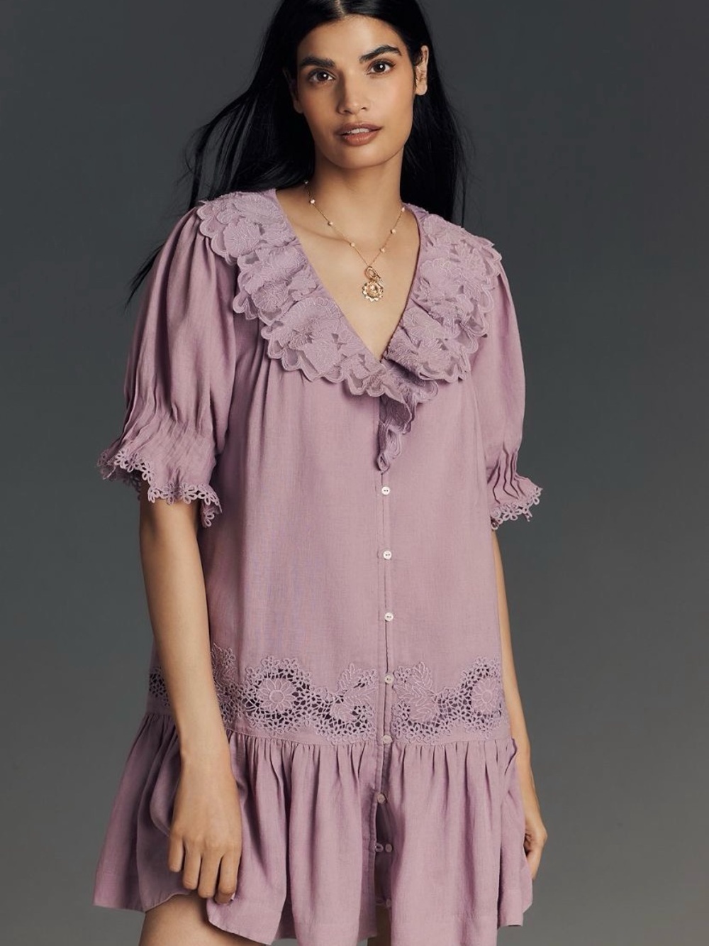 NWT By Anthropologie Linen Blend Puff Sleeve V Neck Tunic Mini Dress Lavender